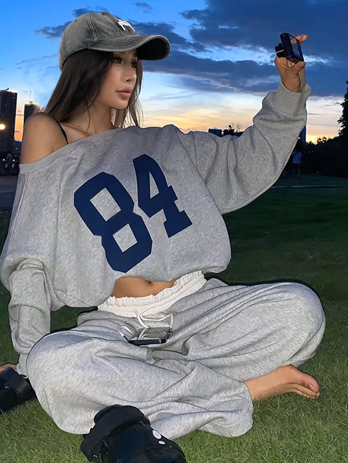 Asymmetrical Neck Print Jogger Set