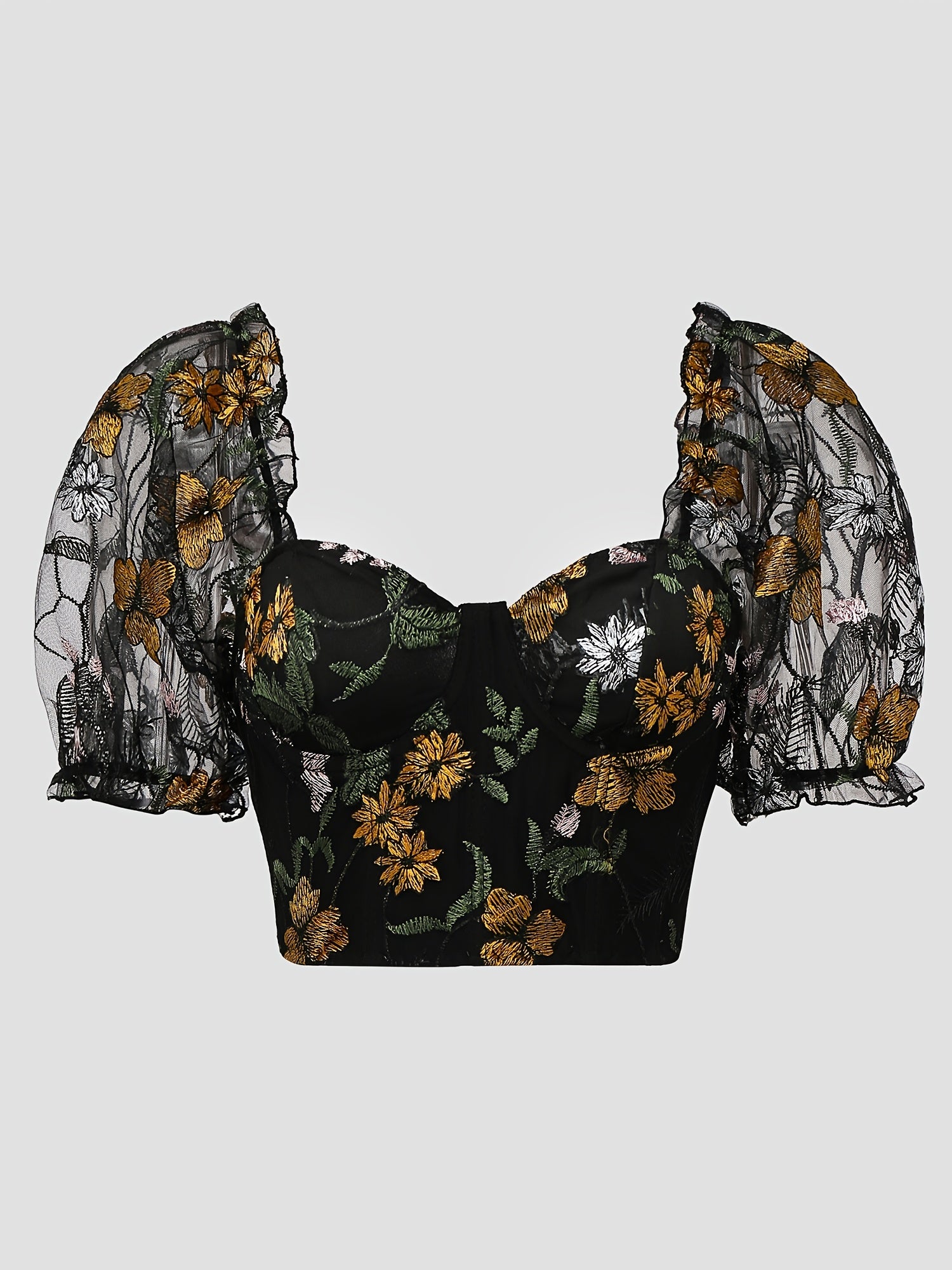 Black Floral Backless Crop Blouse