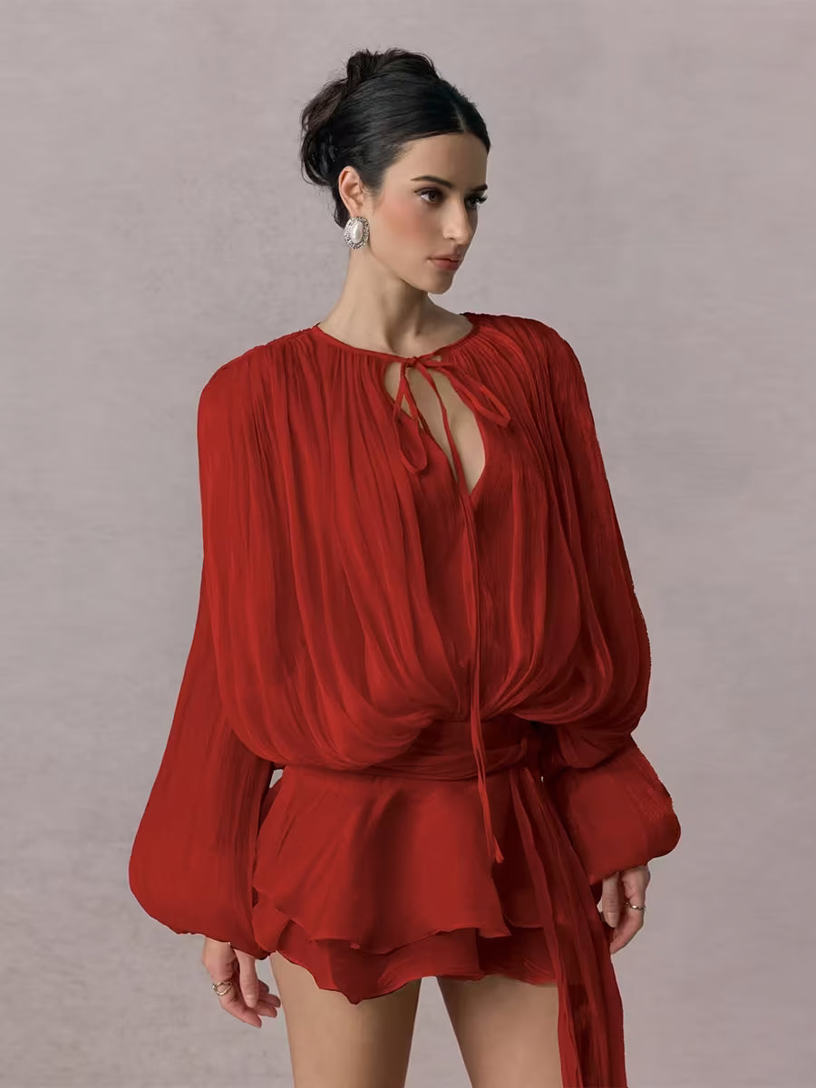 Beryl Pleated Ruffle Hem Mini Dress