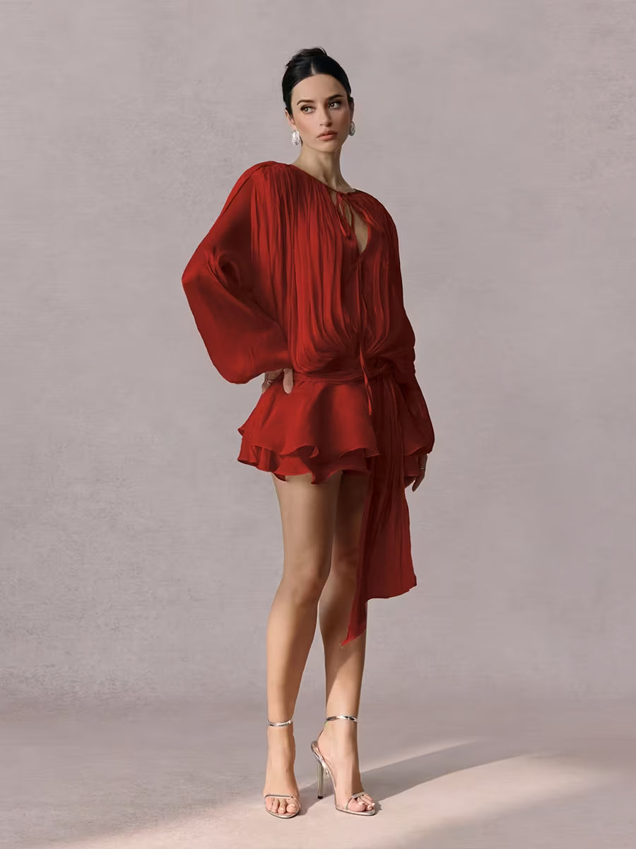 Beryl Pleated Ruffle Hem Mini Dress