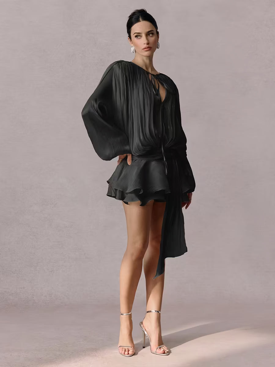 Beryl Pleated Ruffle Hem Mini Dress