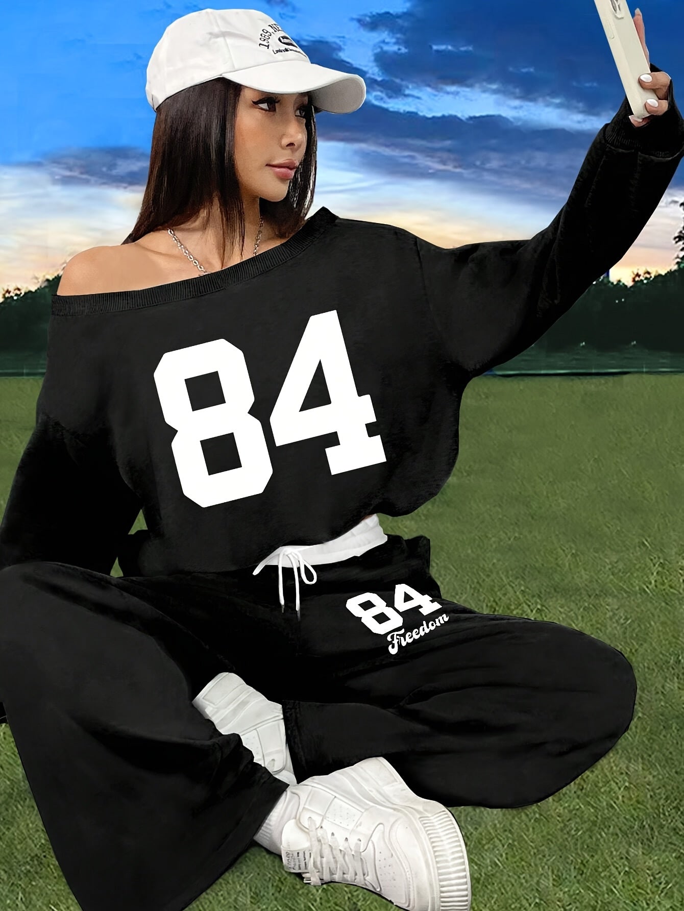 Asymmetrical Neck Print Jogger Set