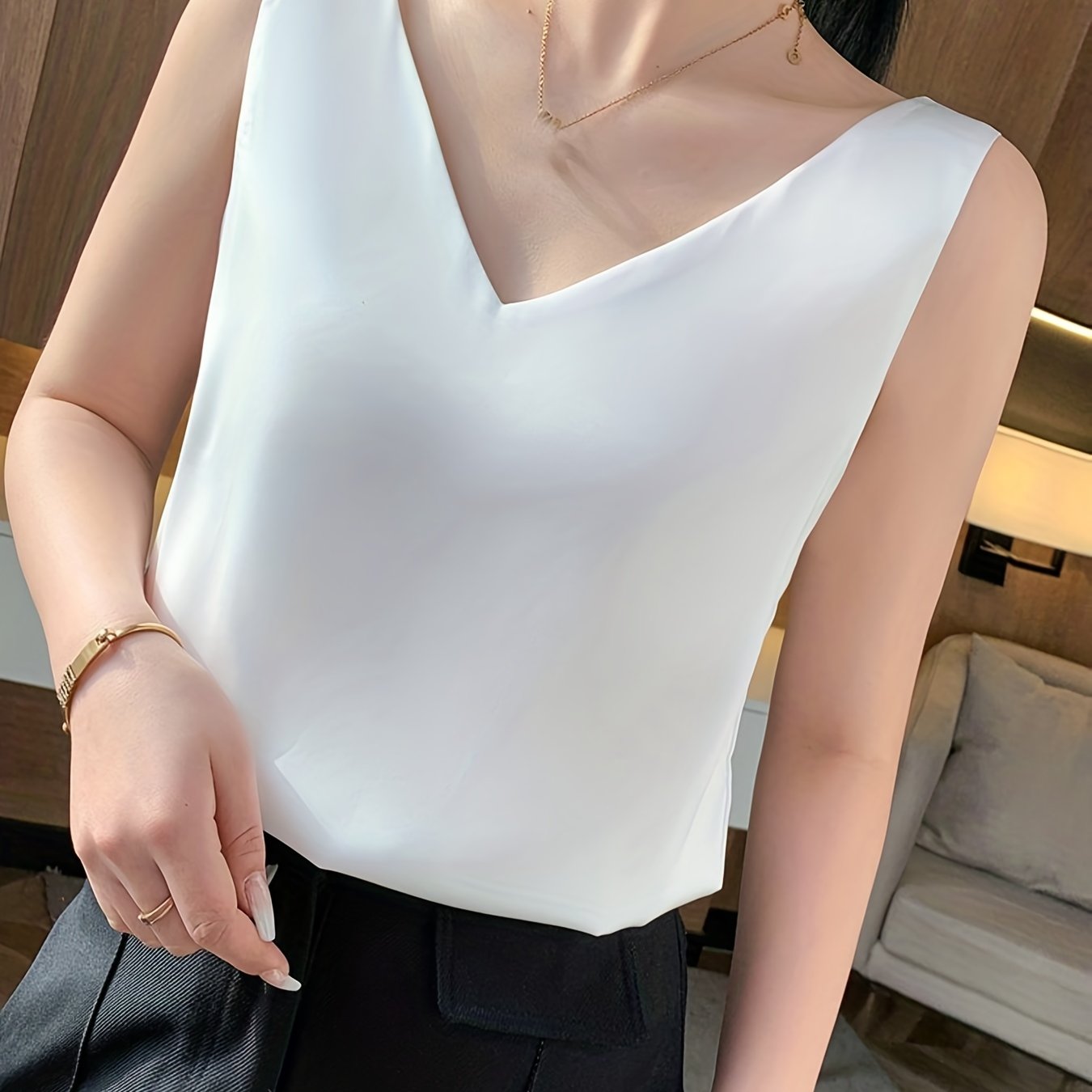 Sleeveless V-Neck Satin Top