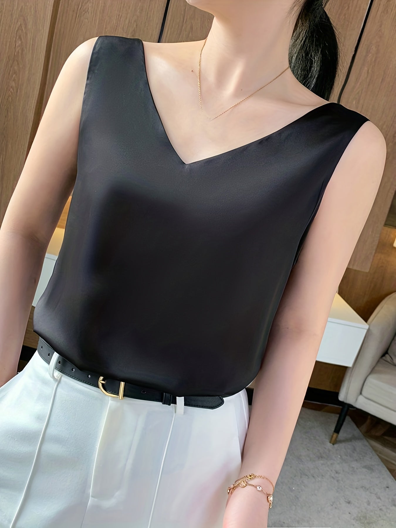 Sleeveless V-Neck Satin Top