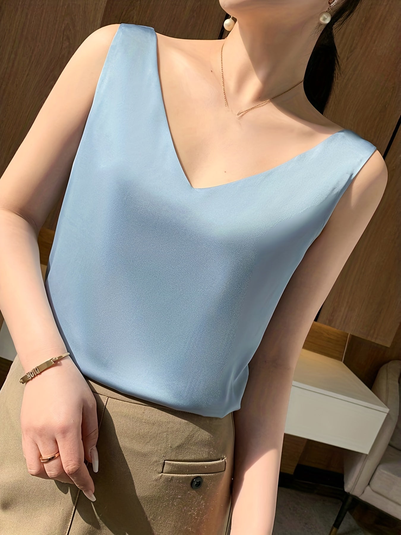 Sleeveless V-Neck Satin Top