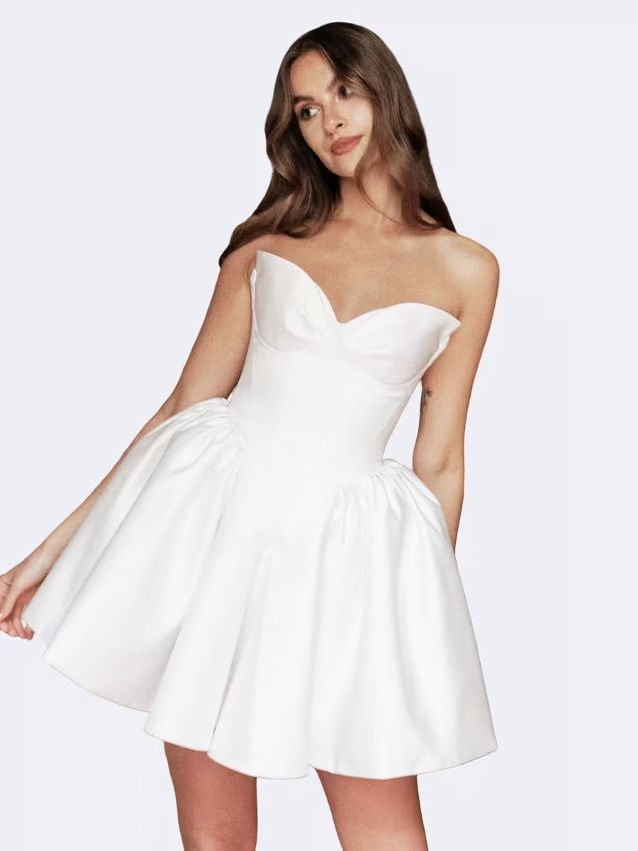 Glamorous White Satin Bubble Hem Cocktail Dress
