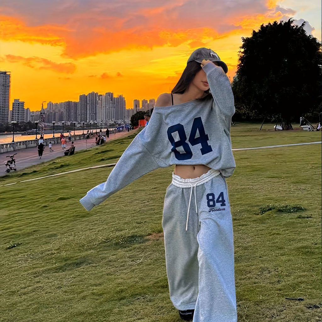Asymmetrical Neck Print Jogger Set