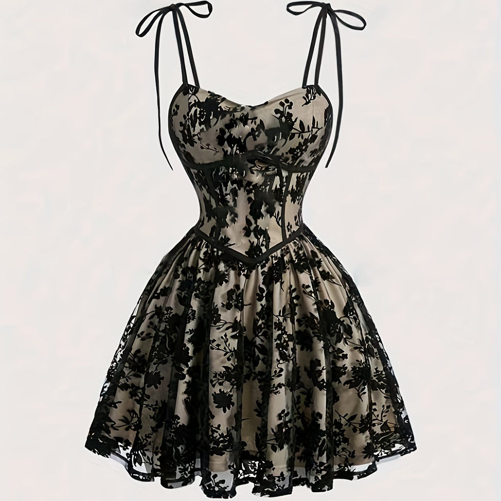 Flocked Mesh Strap A-Line Dress