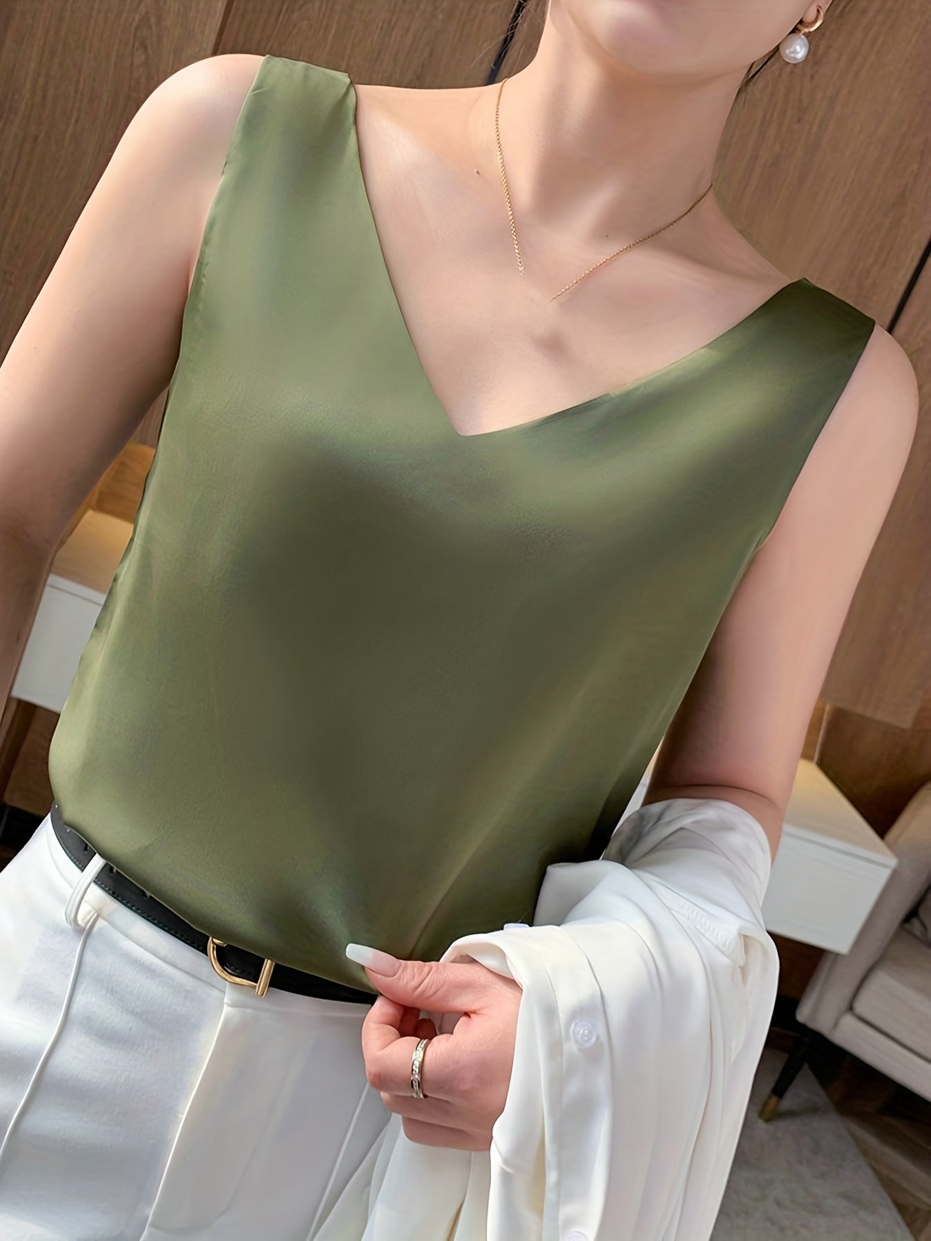 Sleeveless V-Neck Satin Top