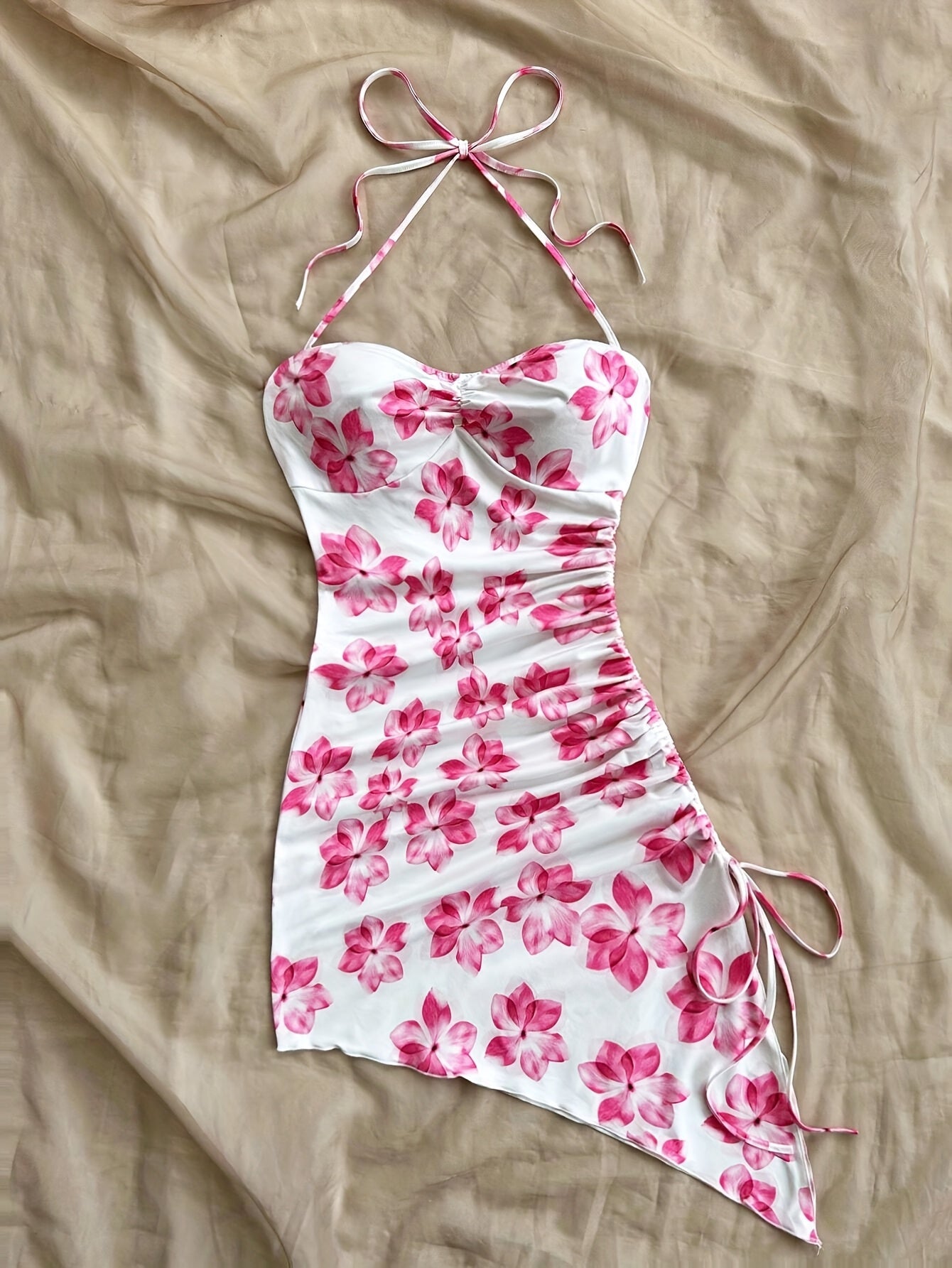 Chic Floral Asymmetrical Halter Dress