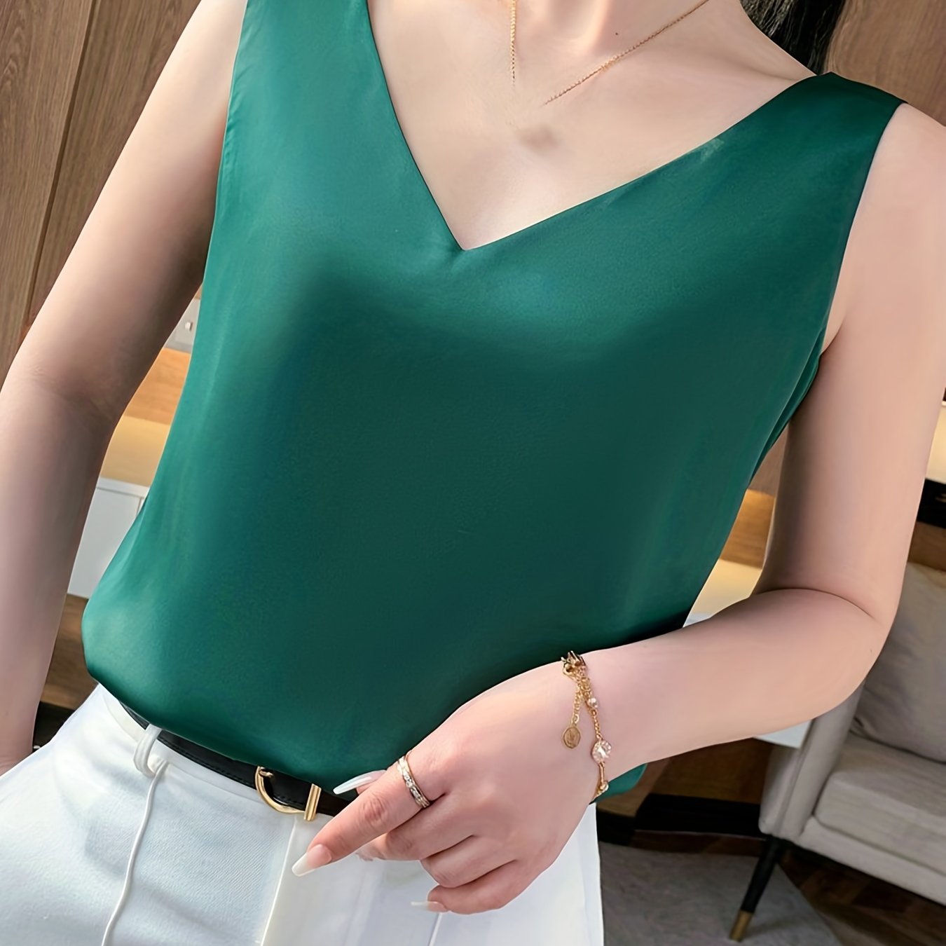 Sleeveless V-Neck Satin Top