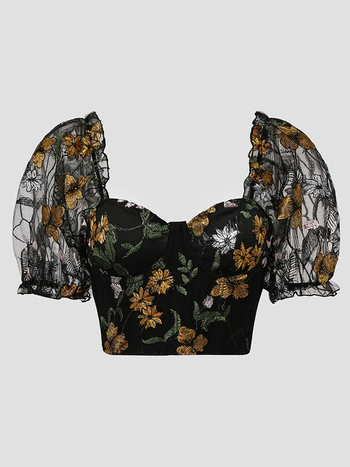 Black Floral Backless Crop Blouse
