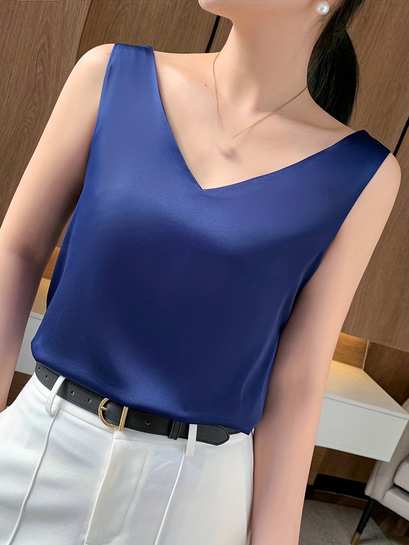 Sleeveless V-Neck Satin Top