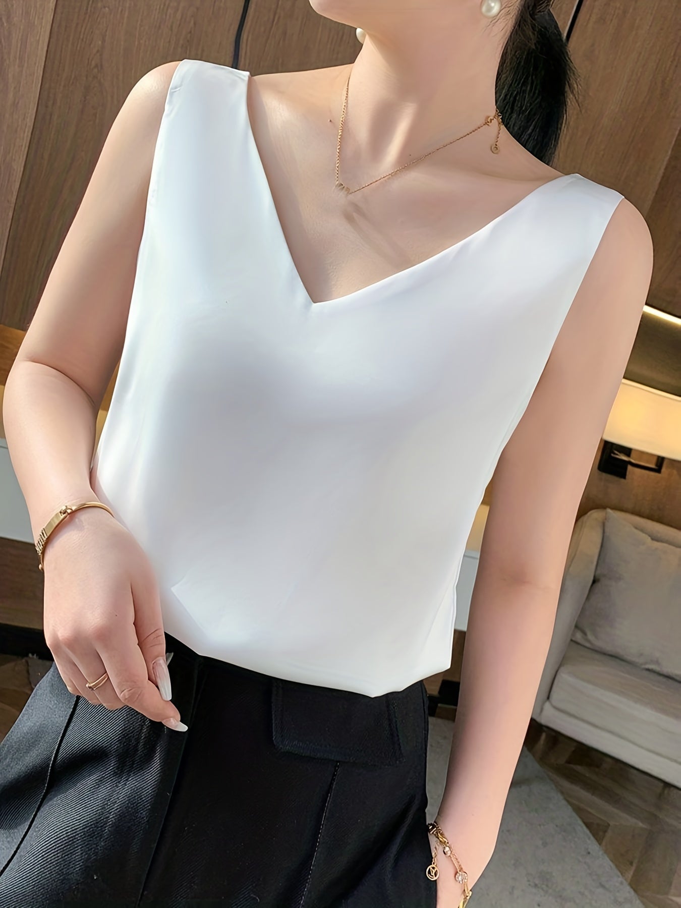 Sleeveless V-Neck Satin Top