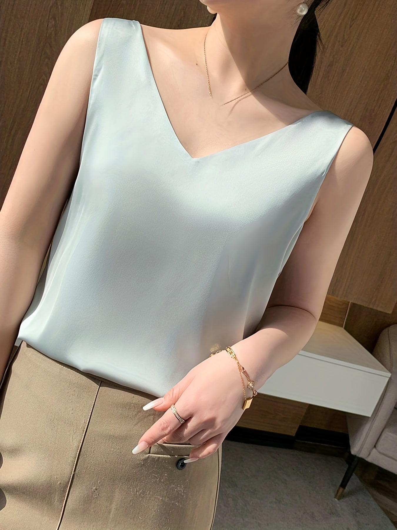 Sleeveless V-Neck Satin Top
