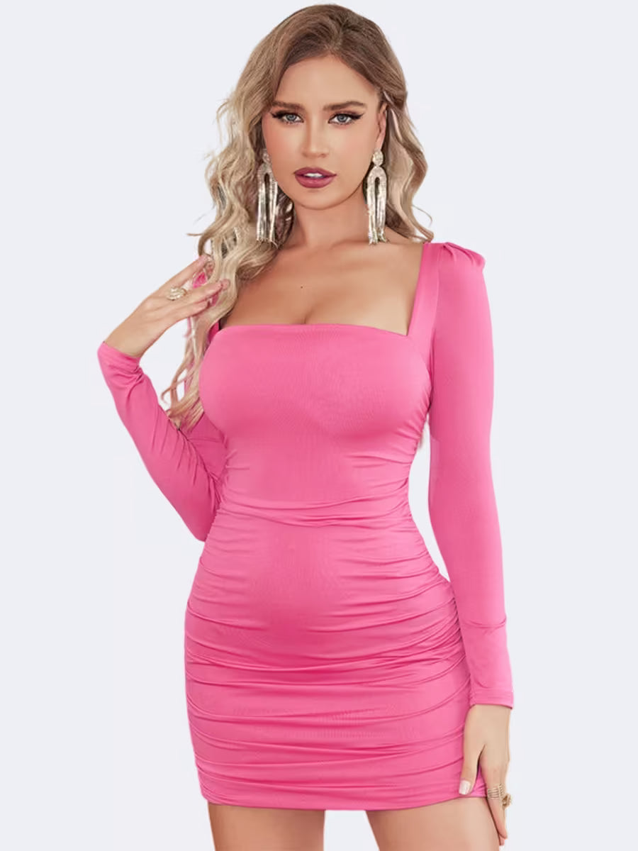 Chic Pink Square Neck Ruched Bodycon Mini Dress