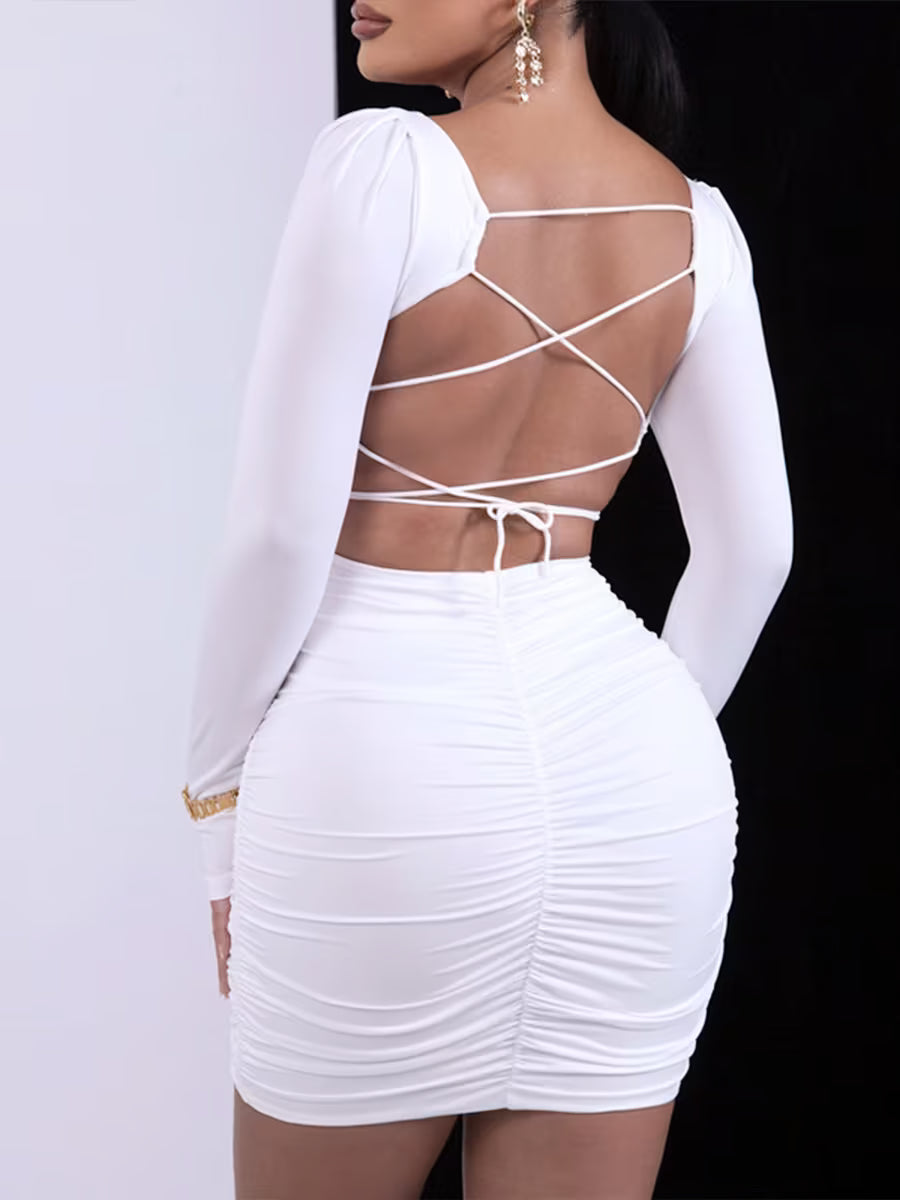 Chic Pink Square Neck Ruched Bodycon Mini Dress