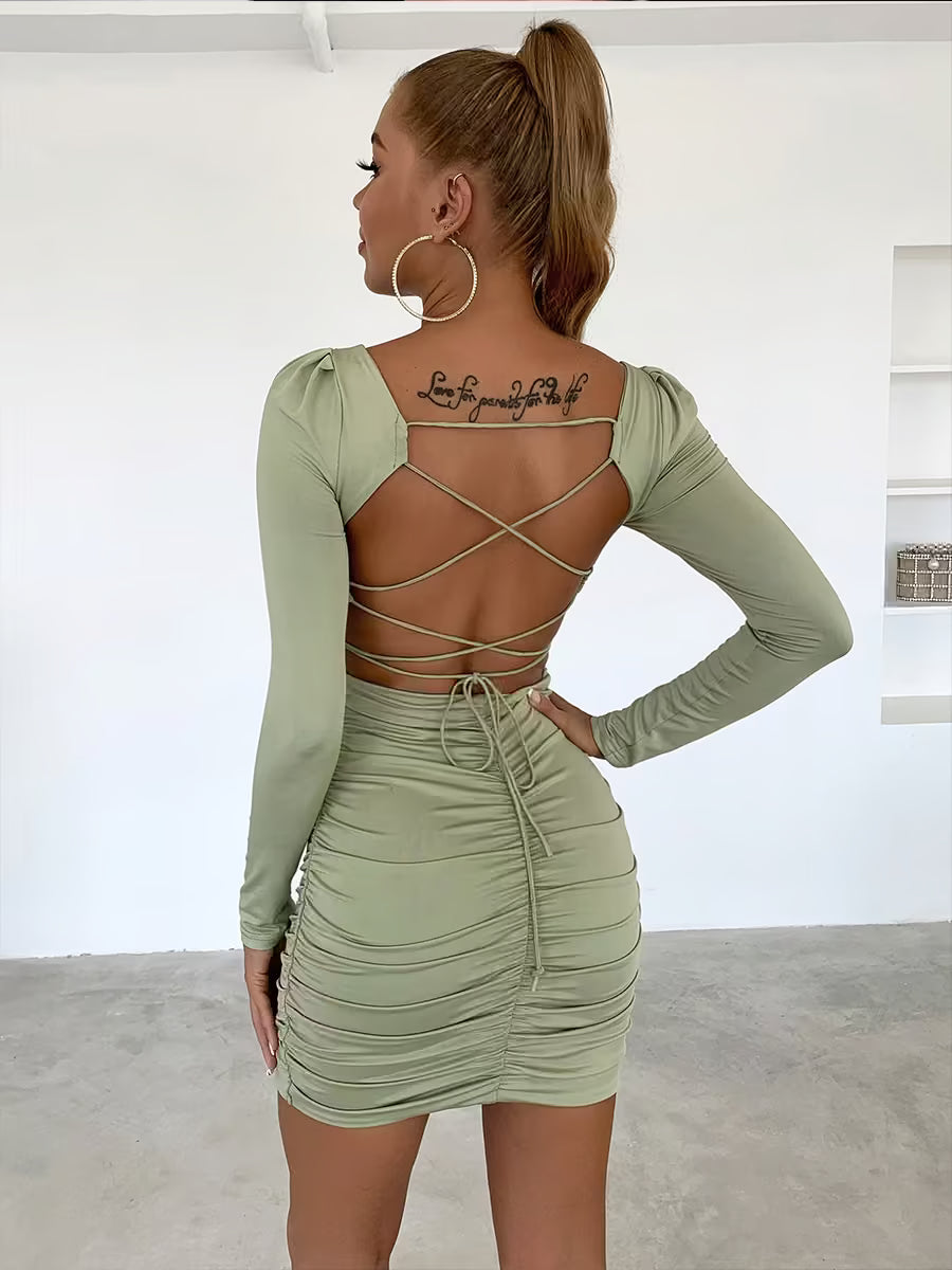 Chic Pink Square Neck Ruched Bodycon Mini Dress