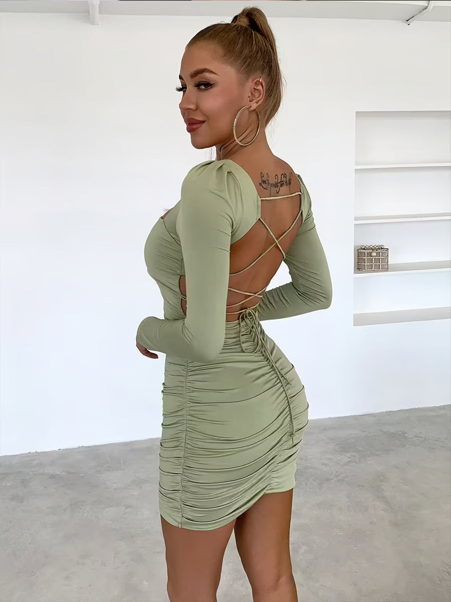 Chic Pink Square Neck Ruched Bodycon Mini Dress
