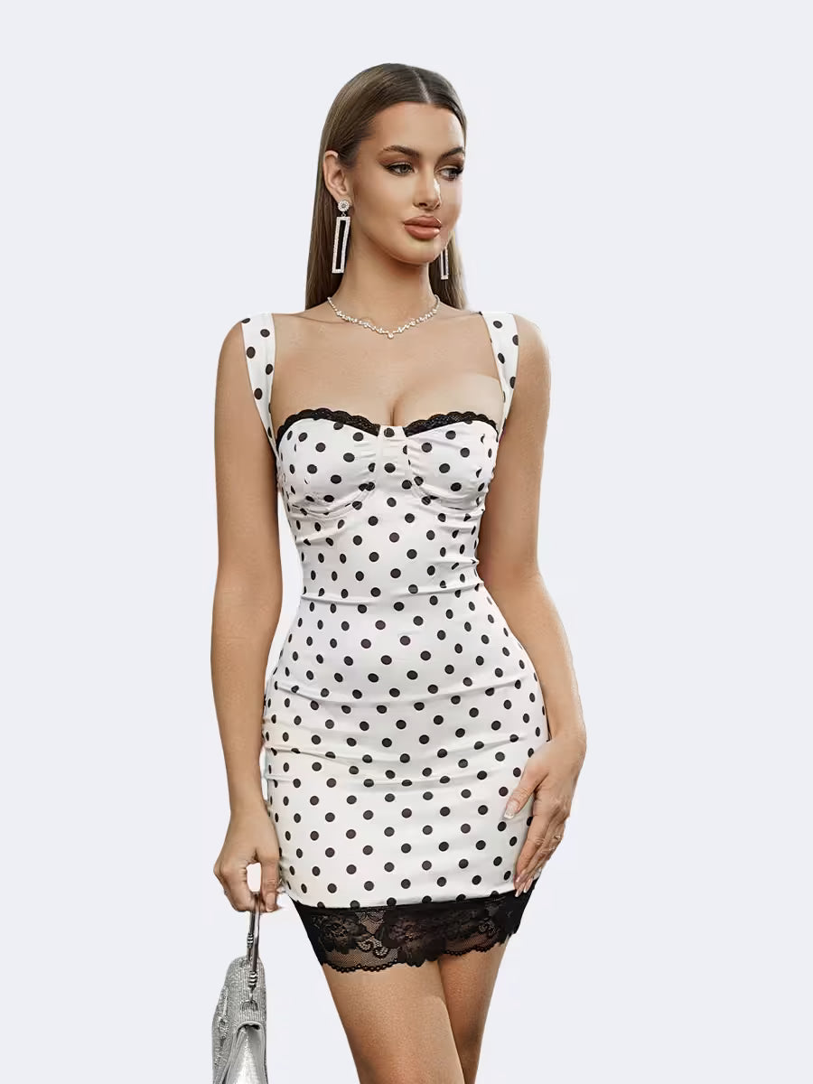 Chic Polka Dot Bodycon Mini Dress with Lace Trim