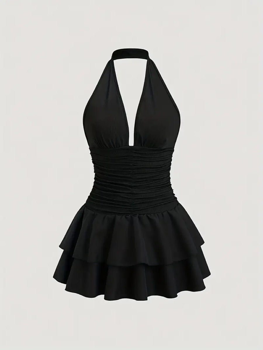 Elegant Black Ruched Halter Dress