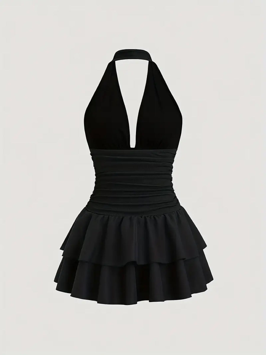 Elegant Black Ruched Halter Dress