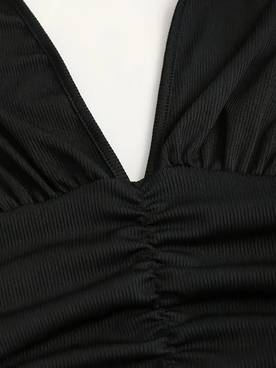 Elegant Black Ruched Halter Dress