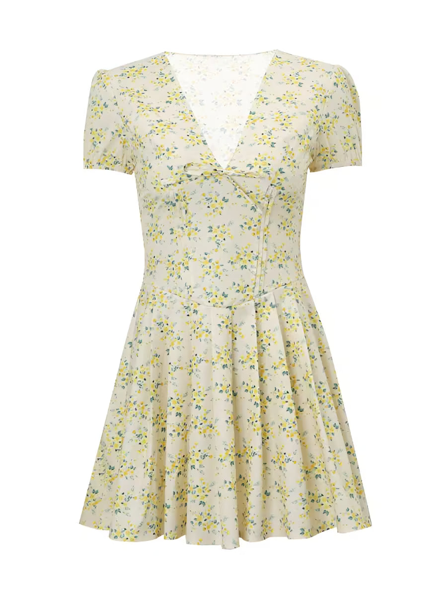 Floral Print V-Neck Pleated Mini Dress