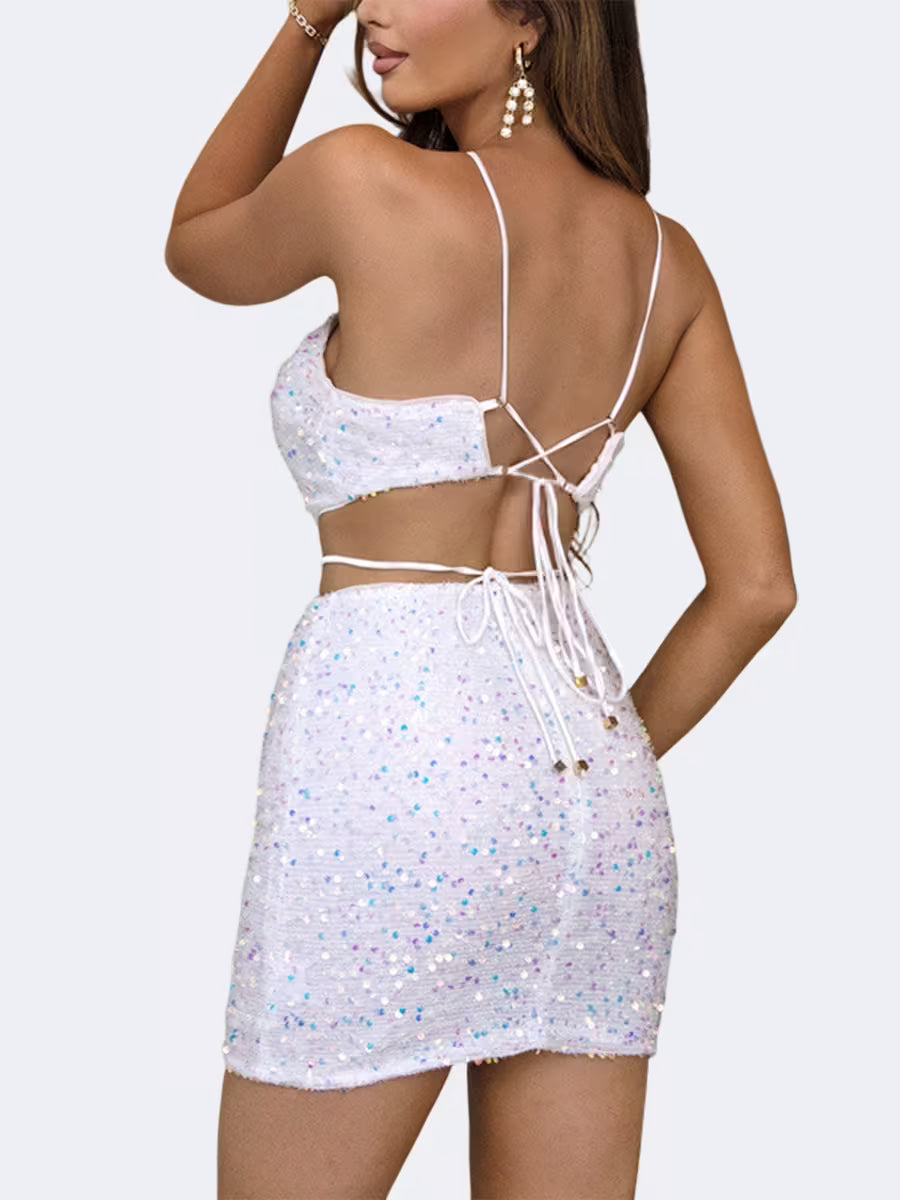 Glamorous White Sequin Halter Neck Bodycon Set