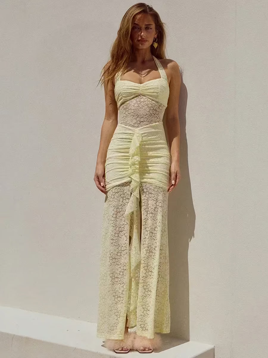Lace Draped Ruched Maxi Dress