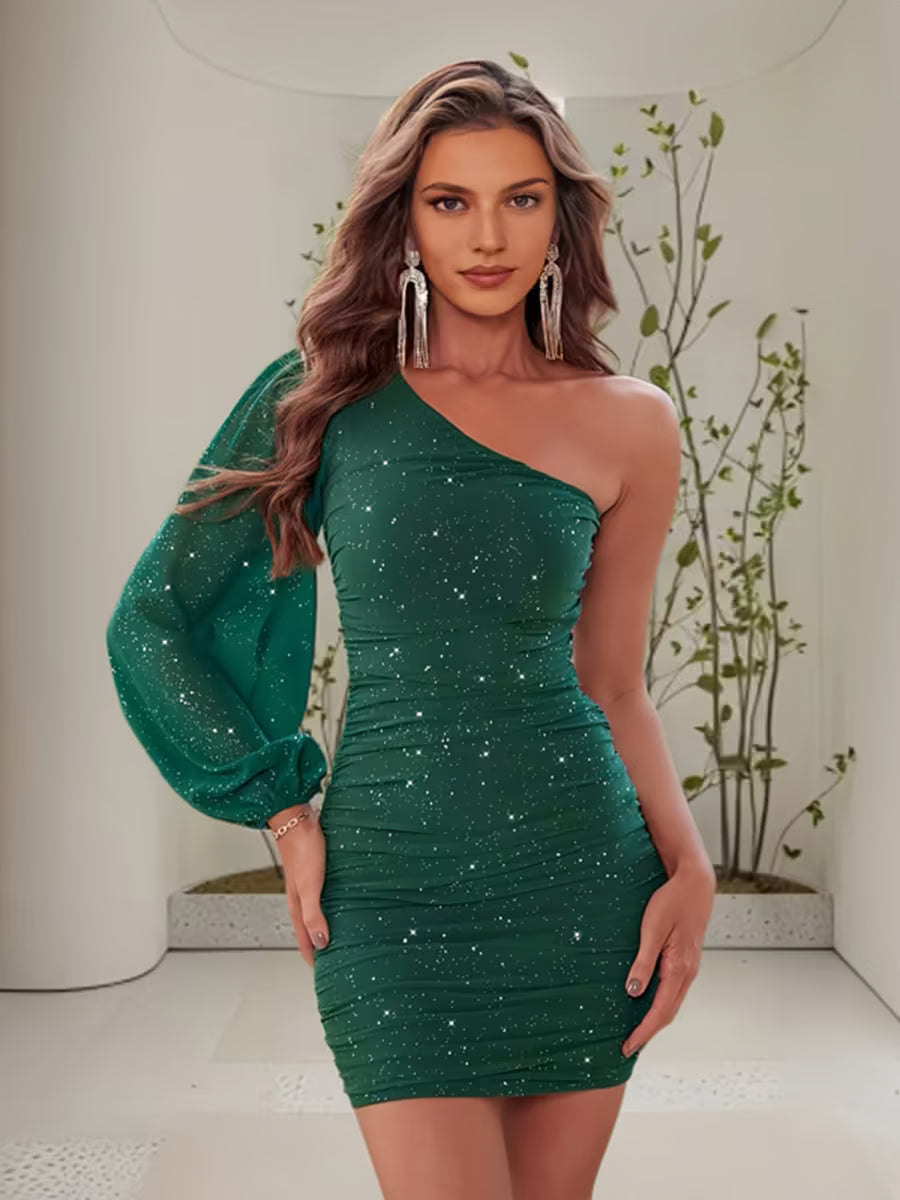 One-Shoulder Sparkly Black Bodycon Dress