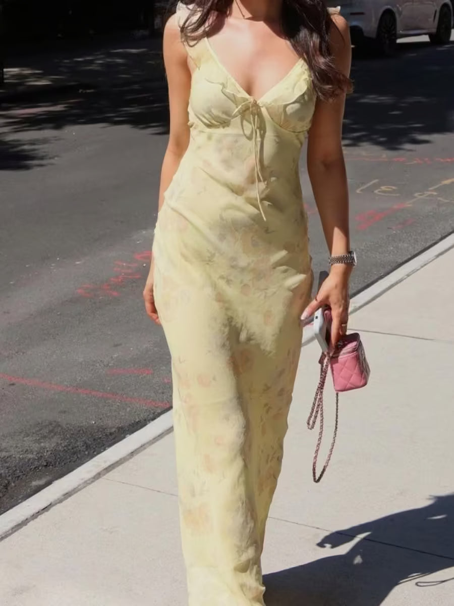 Retro Floral V-Neck Maxi Dress