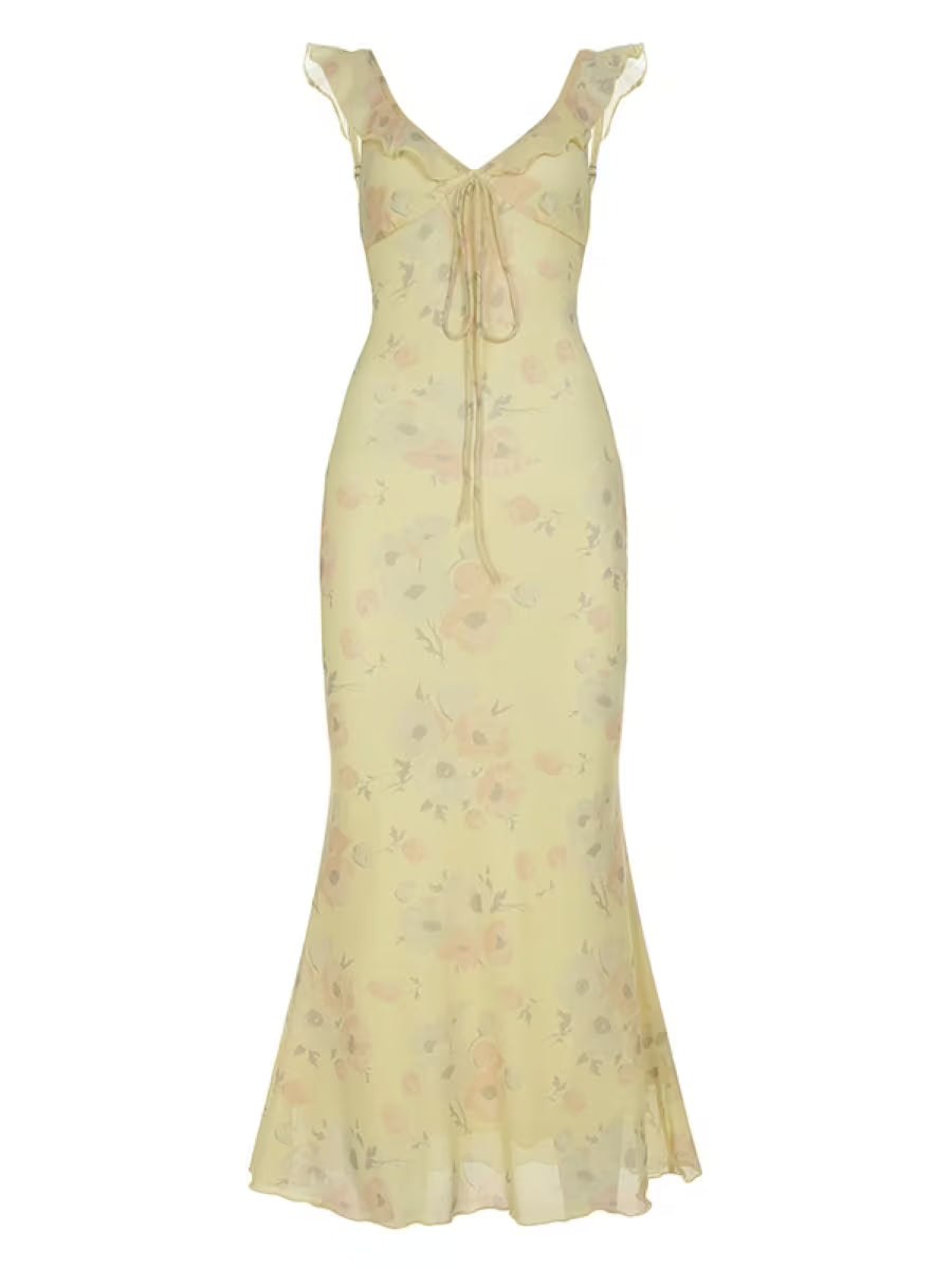 Retro Floral V-Neck Maxi Dress