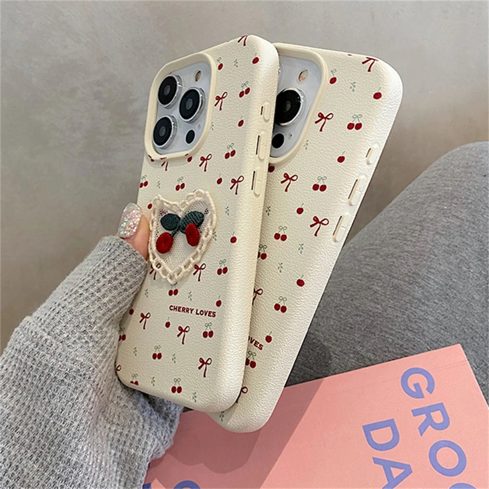 Korean Embroidery Cherry & Bow Phone Case