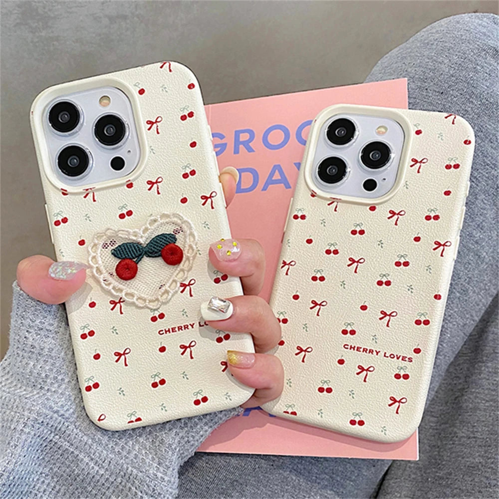 Korean Embroidery Cherry & Bow Phone Case