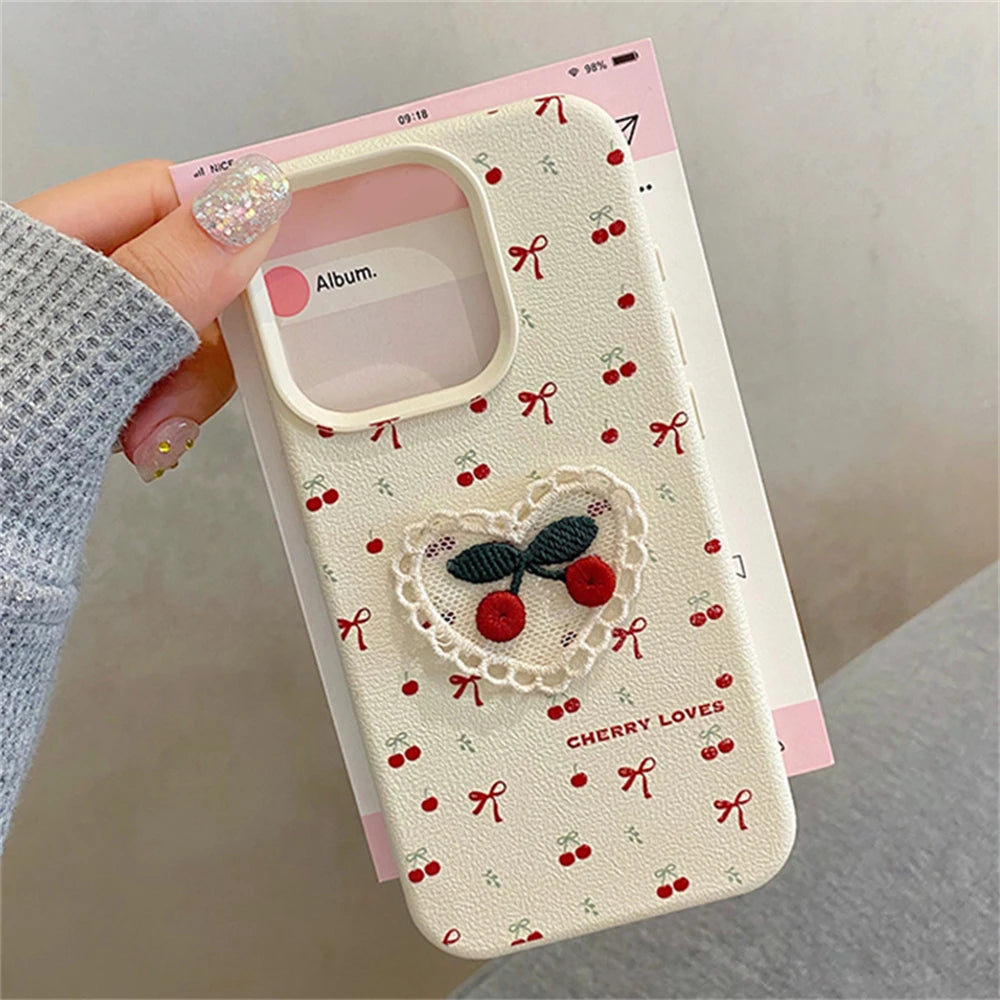 Korean Embroidery Cherry & Bow Phone Case