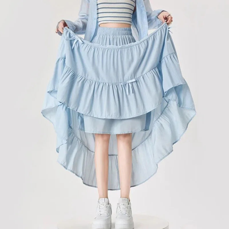 Korean Preppy Style Blue Midi Skirt