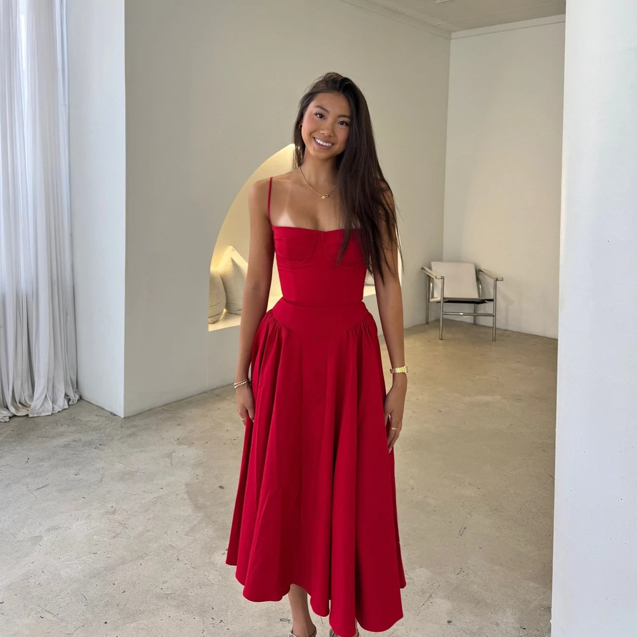 Suninheart Red Spaghetti Strap Midi Dress