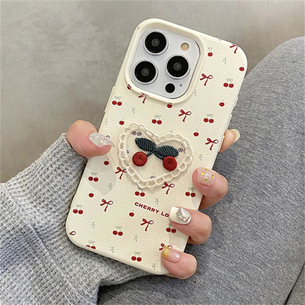Korean Embroidery Cherry & Bow Phone Case