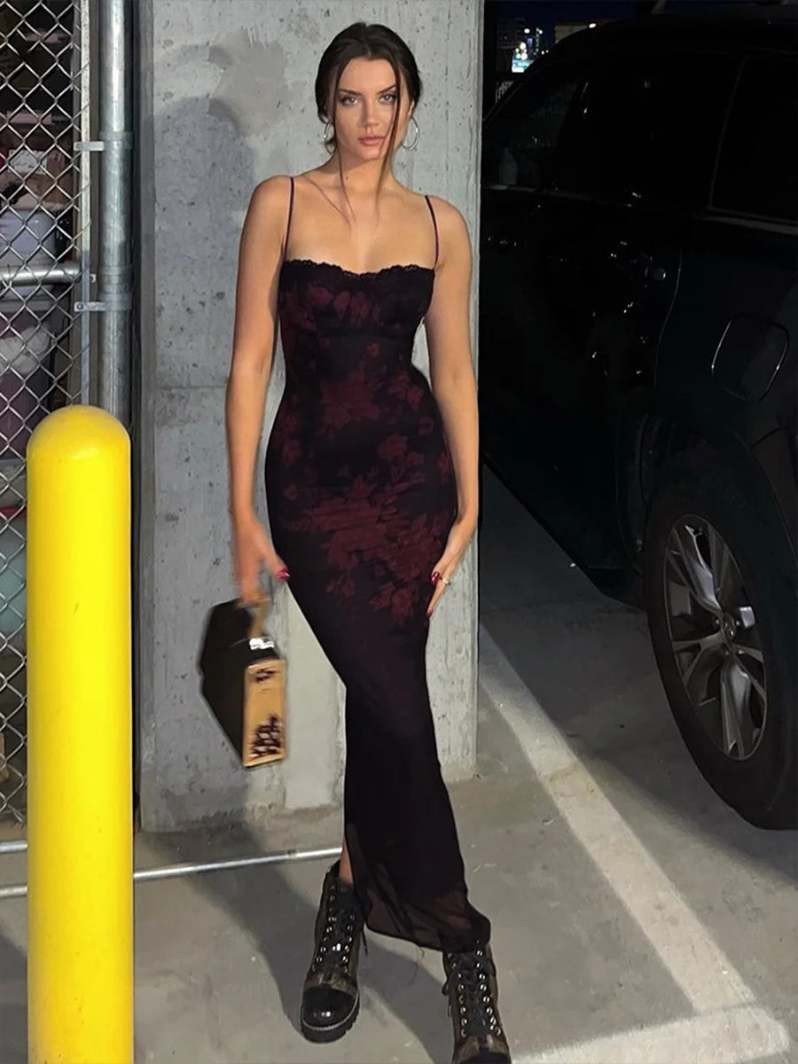 Sexy Red Floral Lace Maxi Dress