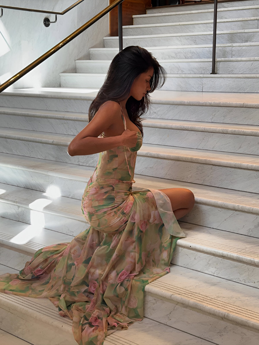 Sexy Floral Print Corset Maxi Dress with High Slit