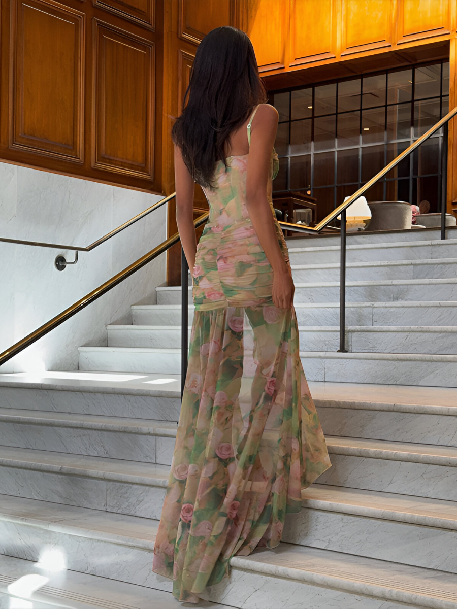 Sexy Floral Print Corset Maxi Dress with High Slit