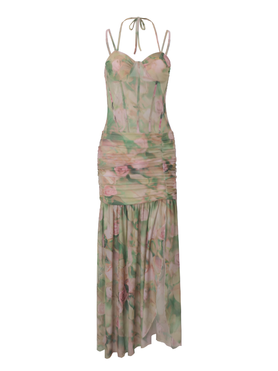 Sexy Floral Print Corset Maxi Dress with High Slit