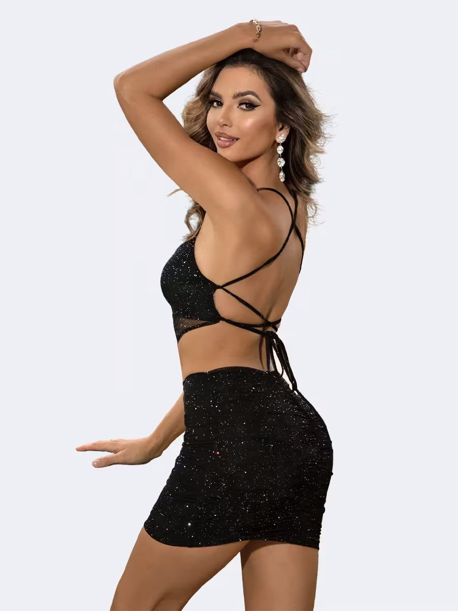 Sparkling Black Glitter Crop Top & Mini Skirt Set