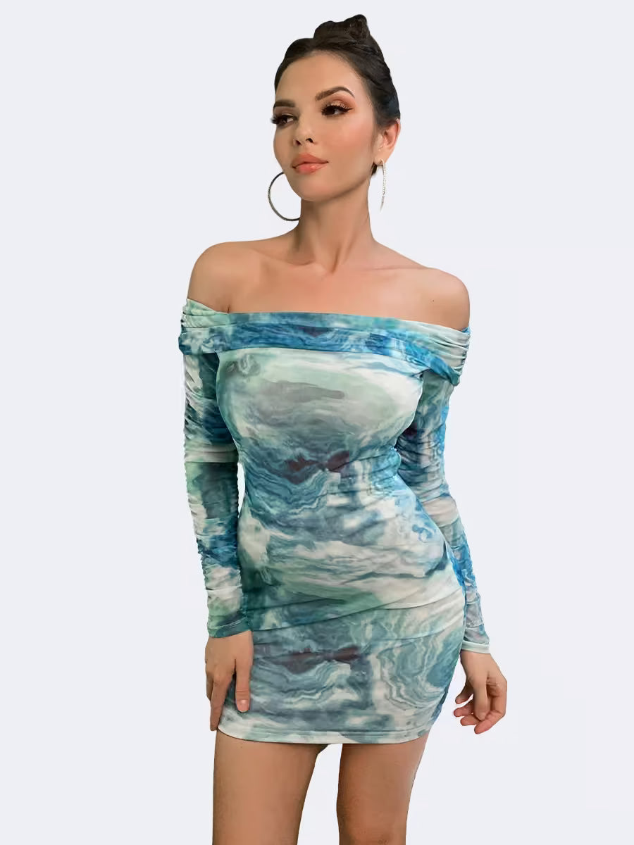 Watercolor Print Bodycon Off-Shoulder Dress