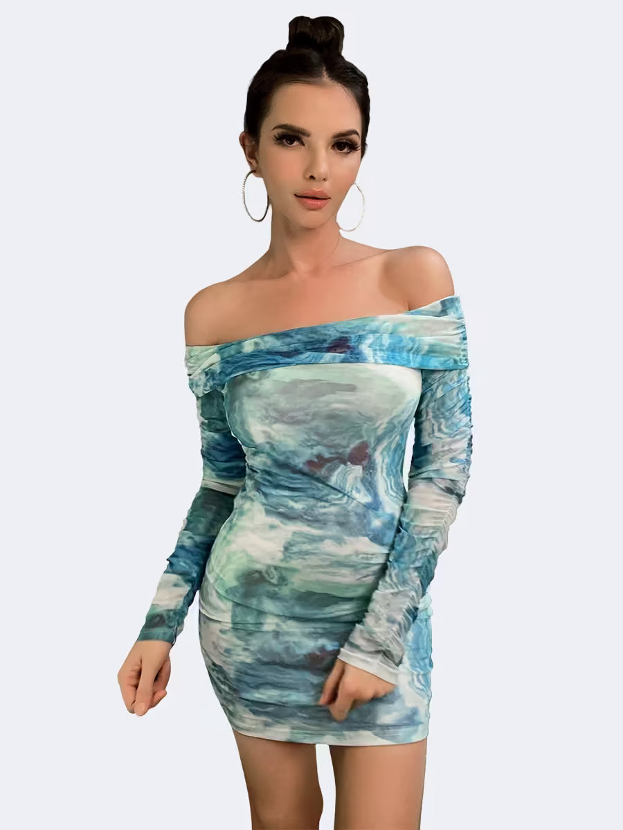 Watercolor Print Bodycon Off-Shoulder Dress