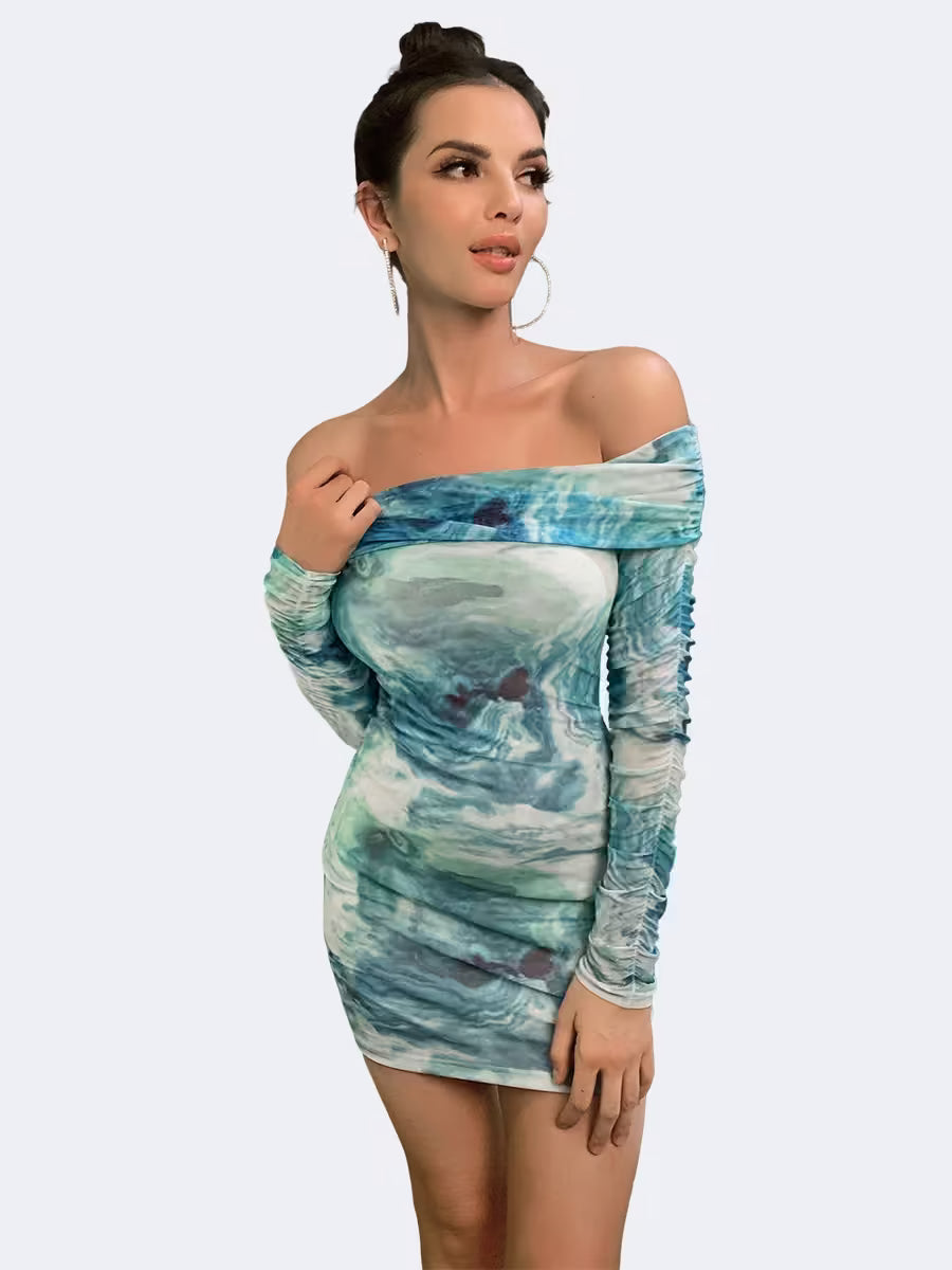 Watercolor Print Bodycon Off-Shoulder Dress