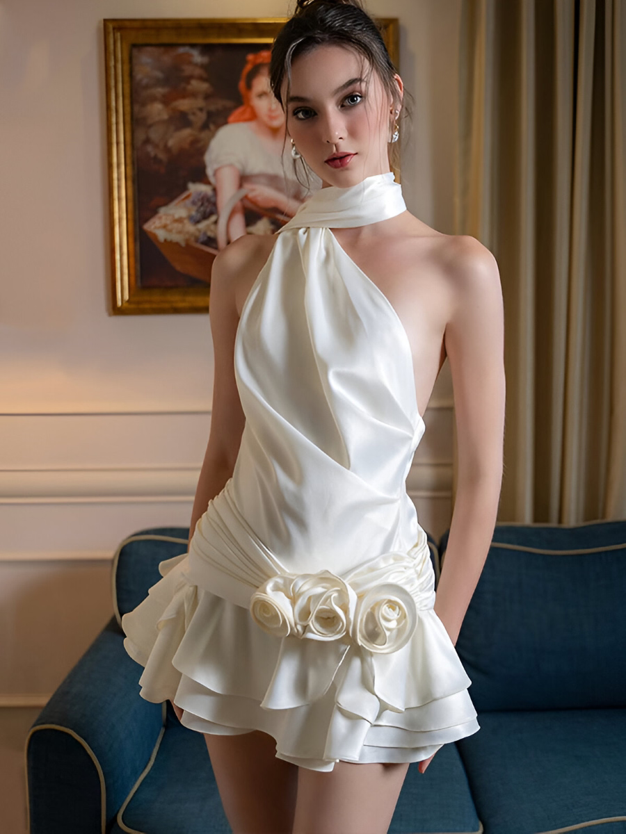 White Draped Ruffle Mini Dress