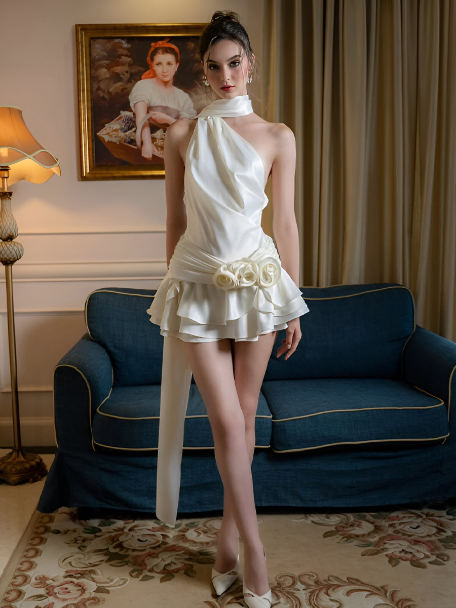 White Draped Ruffle Mini Dress