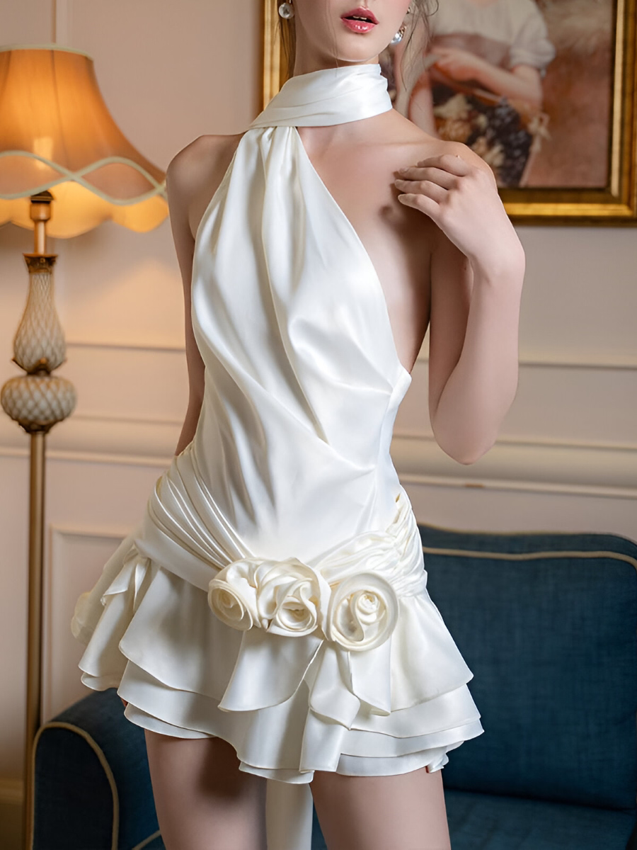 White Draped Ruffle Mini Dress